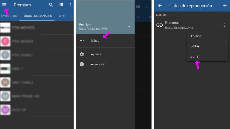 Eliminar listas m3u en TOP IPTV apk