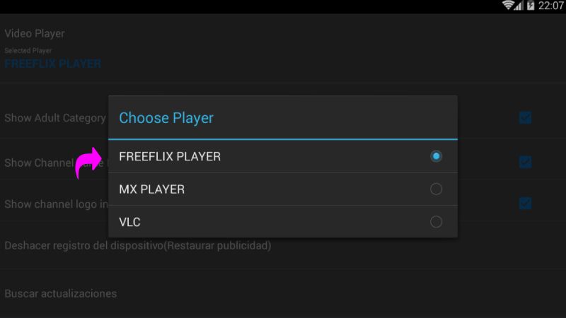 Reproductor para la aplicación FreeFlix TV