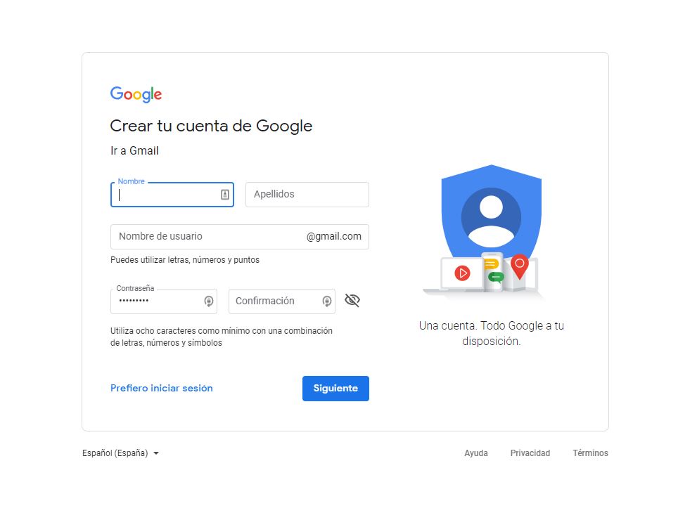 Crear cuenta de Gmail