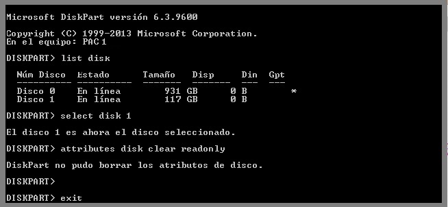 Diskpart no pudo borrar los atributos del disco
