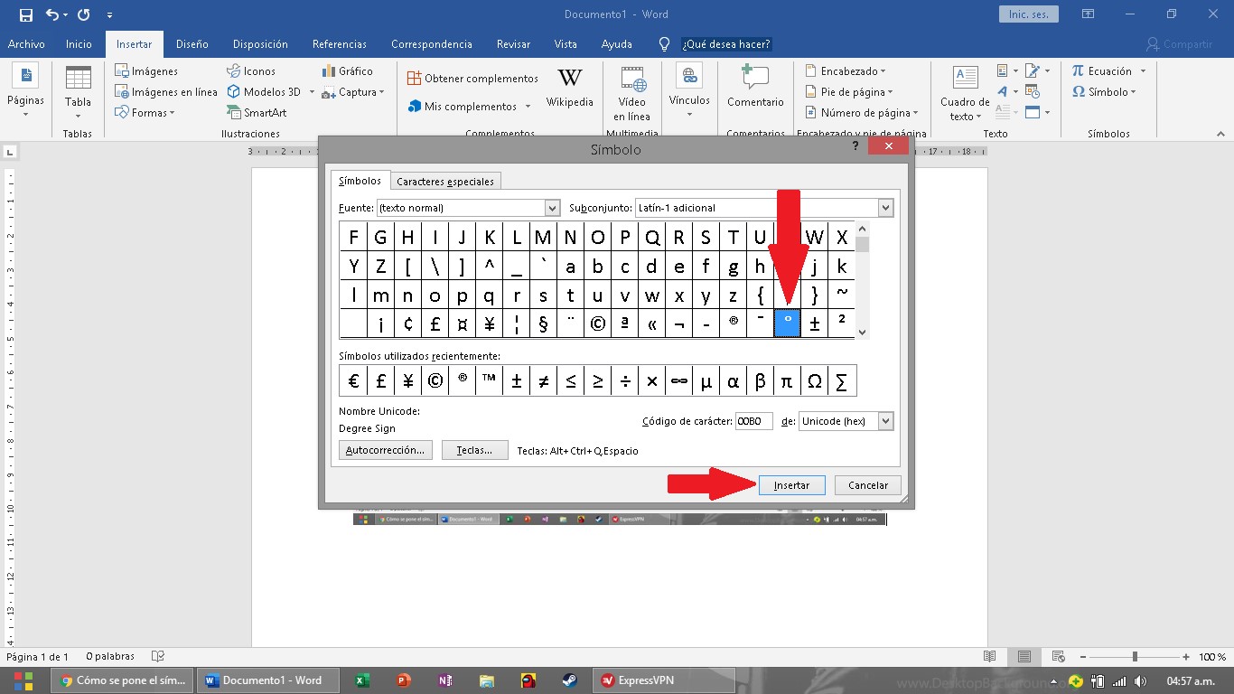 Insertar símbolo de grado en Microsoft Word