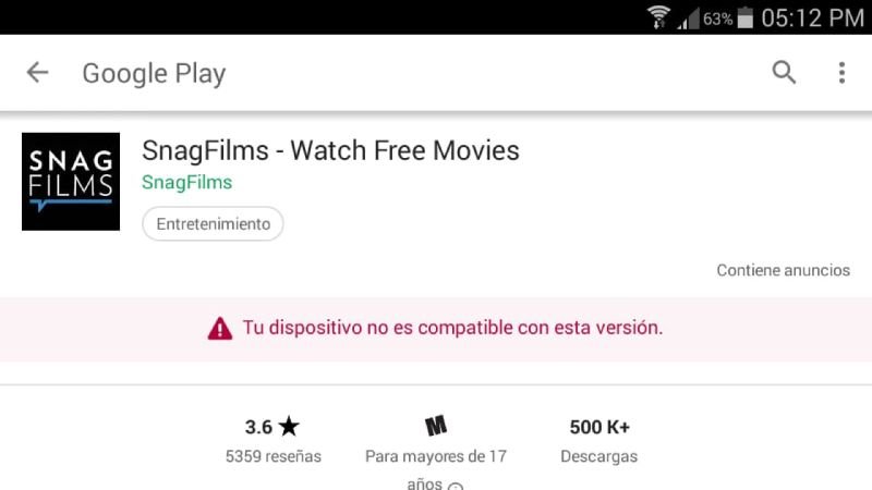 ¿Por qué no puedo instalar la aplicación SnagFilms?