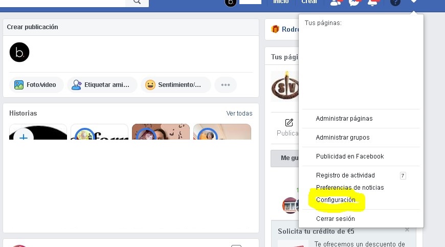 configuración de facebook