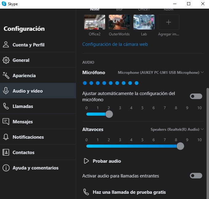 Configuración de sonido de Skype
