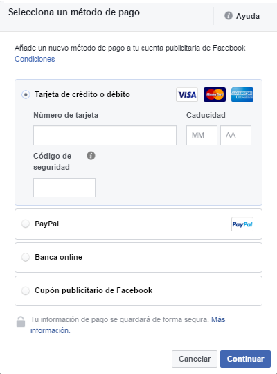 metodos de pago en facebook Métodos de pago