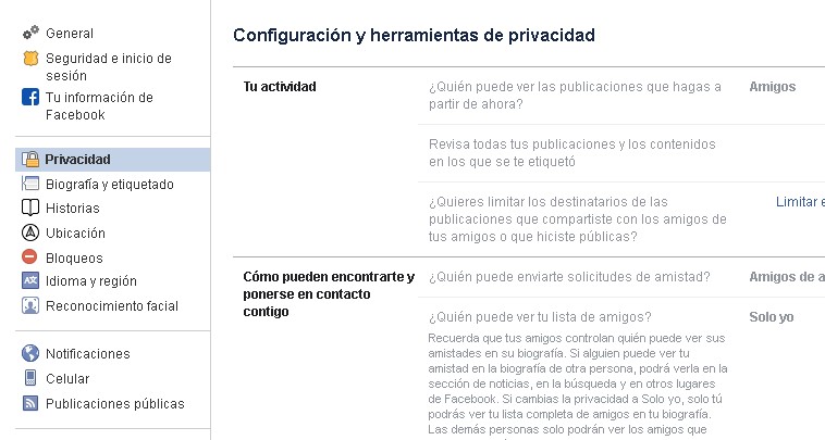 Opciones de privacidad de Facebook
